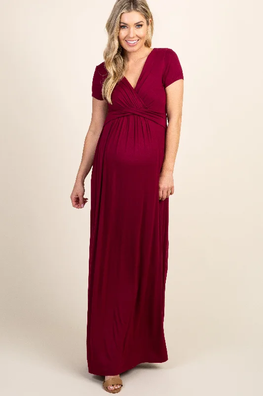 PinkBlush Burgundy Draped Maternity/Nursing Maxi Dress Cozy Knitted Maxi Dress