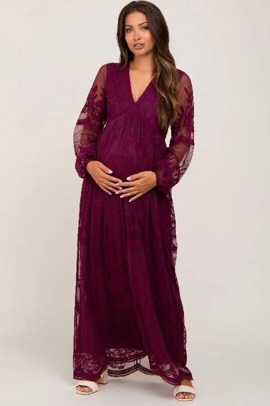 PinkBlush Burgundy Lace Mesh Long Sleeve Maternity Maxi Dress Comfortable Cotton Maxi Dress