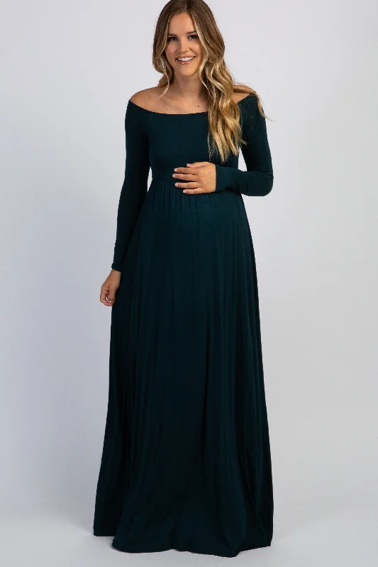 PinkBlush Forest Green Solid Off Shoulder Maternity Maxi Dress Comfortable Cotton Maxi Dress