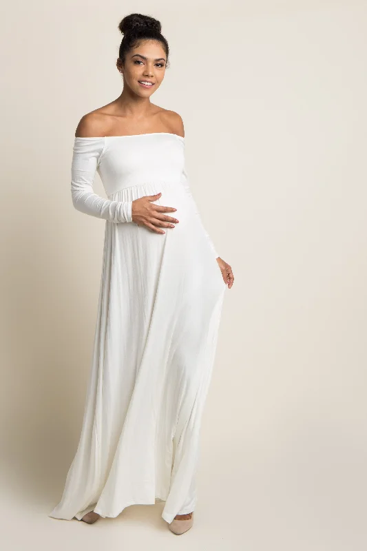 PinkBlush Ivory Solid Off Shoulder Maternity Maxi Dress Stylish Maxi Dress with Frills