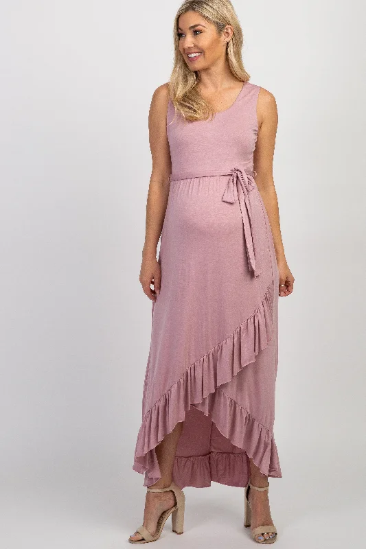 PinkBlush Mauve Sleeveless Hi-Low Ruffle Trim Maternity Maxi Dress Trendy Maxi Dress with Straps