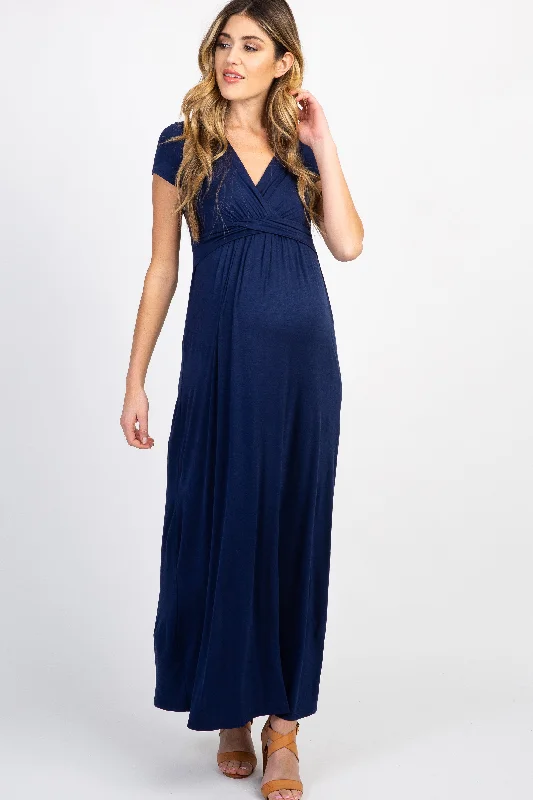 PinkBlush Navy Draped Maternity/Nursing Maxi Dress Fashionable Button-Down Maxi Dress