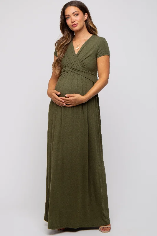 PinkBlush Olive Draped Maternity/Nursing Maxi Dress Chic Summer Floral Maxi Dress