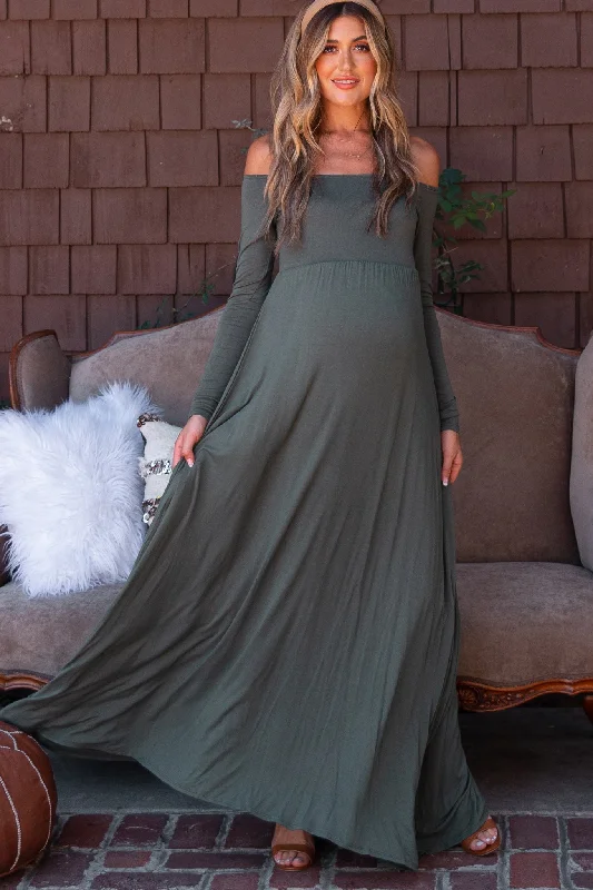 PinkBlush Olive Solid Off Shoulder Maternity Maxi Dress Elegant Maxi Dress with Lace