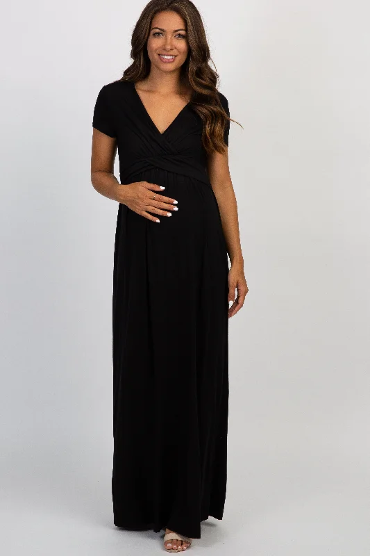 PinkBlush Petite Black Draped Maternity/Nursing Maxi Dress Comfortable Maxi Dress with Belt