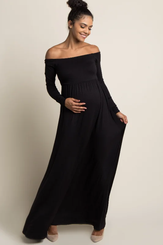 PinkBlush Petite Black Solid Off Shoulder Maternity Maxi Dress Elegant Boho Maxi Dress