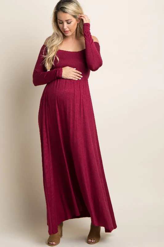 PinkBlush Petite Dark Burgundy Solid Off Shoulder Maternity Maxi Dress Trendy Ruffled Maxi Dress