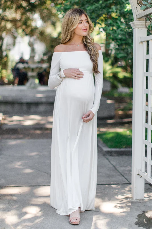 PinkBlush Petite Ivory Solid Off Shoulder Maternity Maxi Dress Stylish Off-Shoulder Maxi Dress