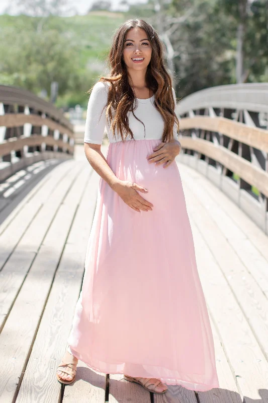 PinkBlush Petite Light Pink Chiffon Colorblock Maternity Maxi Dress Fashionable Layered Maxi Dress