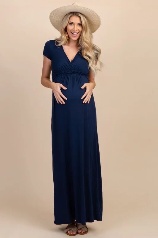 PinkBlush Petite Navy Draped Maternity/Nursing Maxi Dress Comfortable Plunging Neckline Maxi Dress