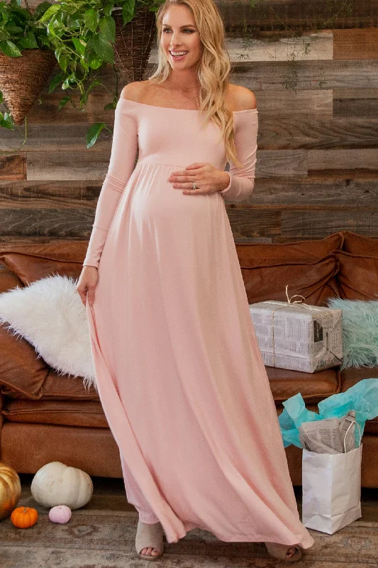 PinkBlush Petite Pink Solid Off Shoulder Maternity Maxi Dress Trendy Maxi Dress with Belt