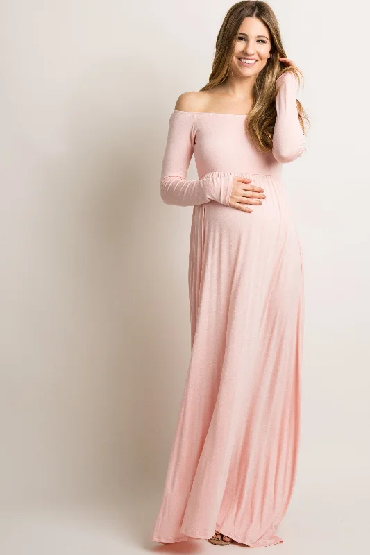 PinkBlush Pink Solid Off Shoulder Maternity Maxi Dress Trendy V-Neck Maxi Dress