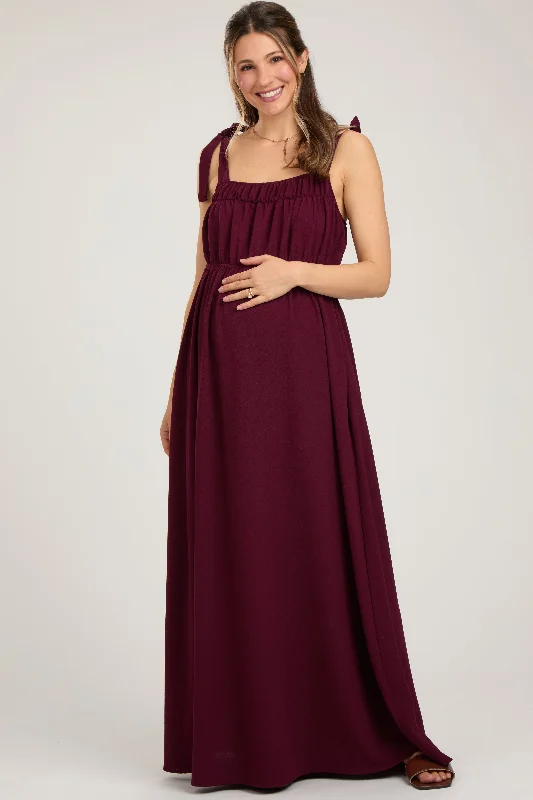 Plum Square Neck Shoulder Tie Maternity Maxi Dress Stylish Empire Waist Maxi Dress