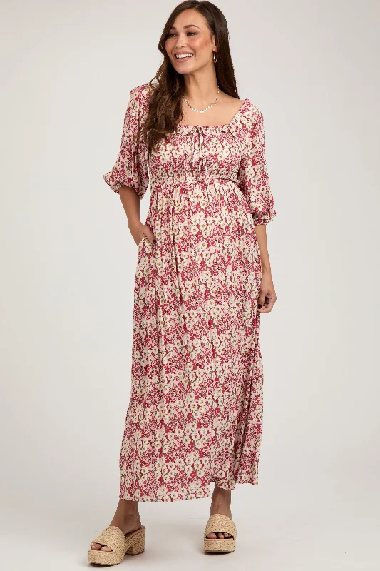 Red Abstract Floral Smocked Maternity Maxi Dress Elegant Tiered Maxi Dress