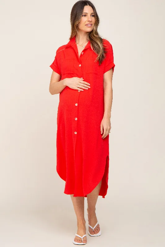 Red Button Down Hi Low Maternity Maxi Dress Fashionable Sheer Maxi Dress