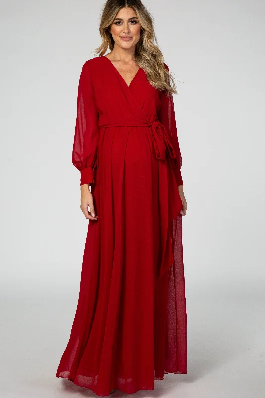 Red Chiffon Long Sleeve Pleated Maternity Maxi Dress Stylish One-Shoulder Maxi Dress