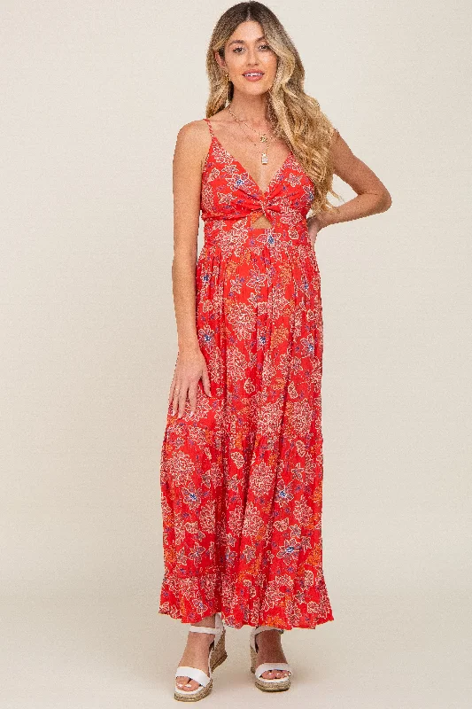 Red Floral Front Twist Maternity Maxi Dress Elegant Lace-Up Maxi Dress