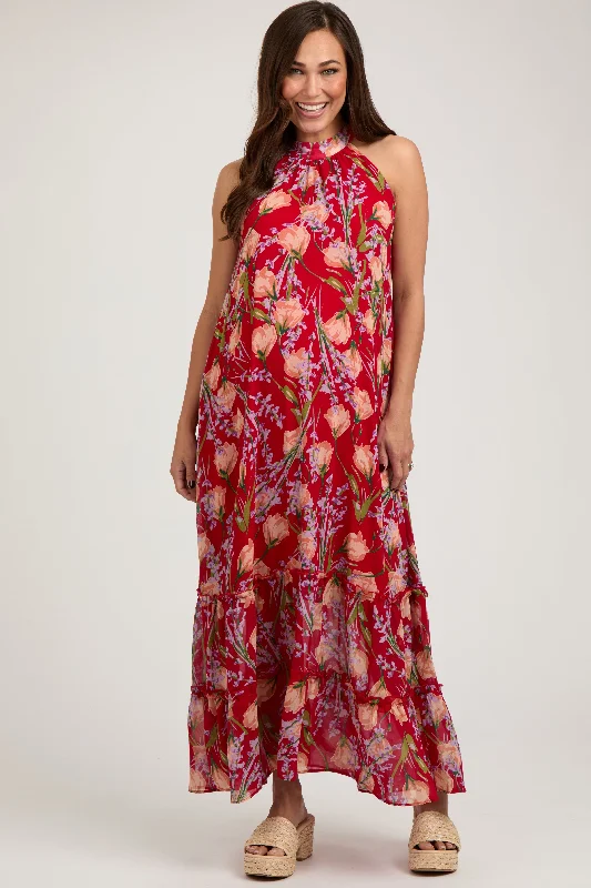 Red Floral Halter Maternity Maxi Dress Comfortable Maxi Dress with Sleeves