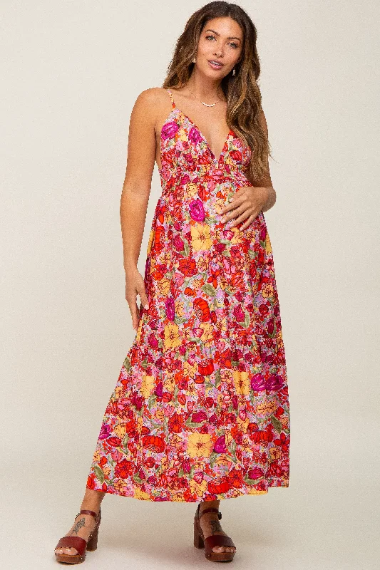 Red Floral Open Back Maternity Maxi Dress Fashionable Halter Neck Maxi Dress