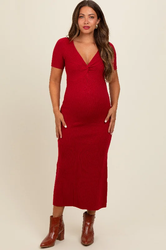 Red Knit Twisted V-Neck Maternity Maxi Dress Comfortable T-Shirt Maxi Dress