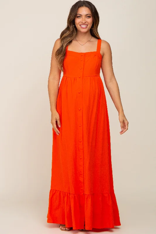 Red Orange Front Button Sleeveless Maternity Maxi Dress Comfortable Bohemian Maxi Dress