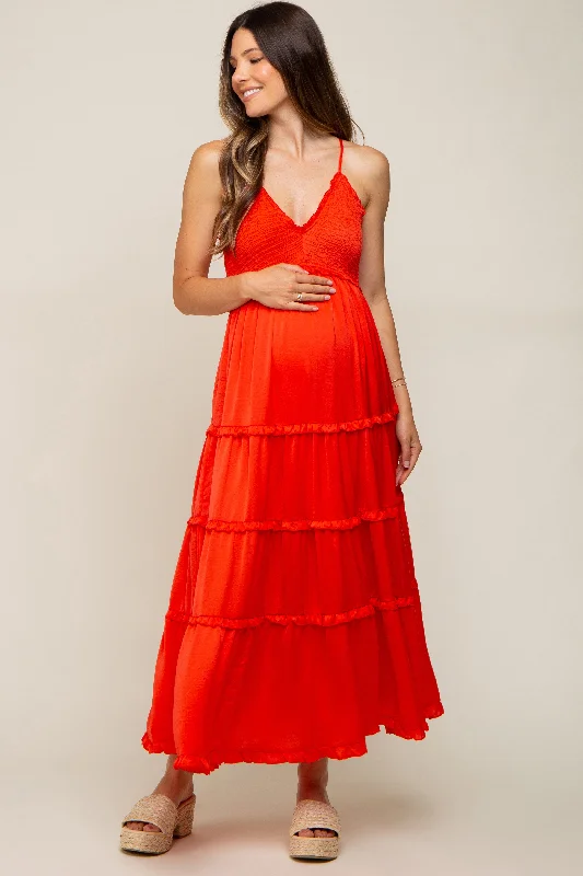 Red Orange Smocked Ruffle Tiered Maternity Maxi Dress Classic Strapless Maxi Dress