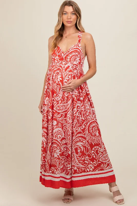 Red Paisley Cutout Back Maternity Maxi Dress Trendy Short Sleeve Maxi Dress