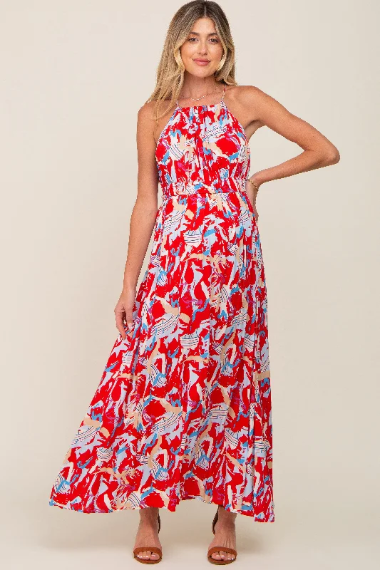 Red Printed Halter Smocked Waist Maternity Maxi Dress Comfortable Fit-and-Flare Maxi Dress