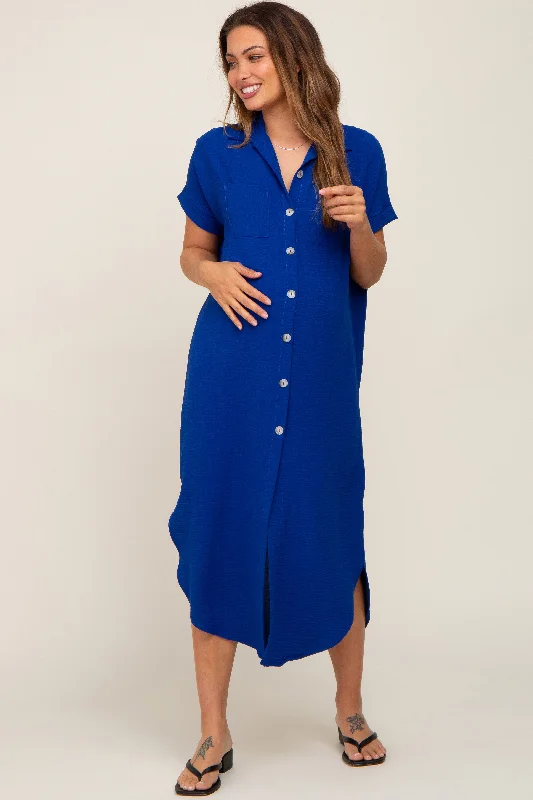 Royal Blue Button Down Hi Low Maternity Maxi Dress Comfortable Ruffle Hem Maxi Dress