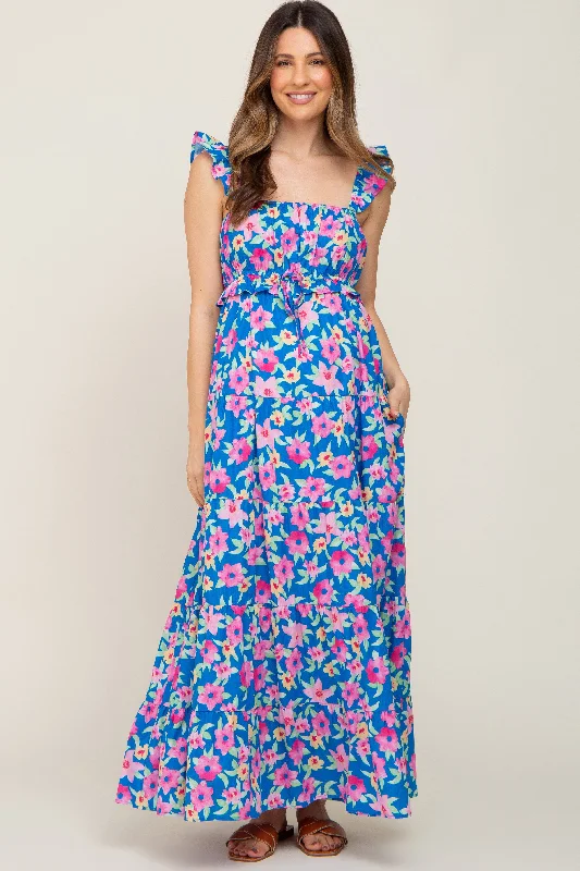 Royal Blue Floral Square Neck Ruffle Tiered Maternity Maxi Dress Cozy Cold-Shoulder Maxi Dress