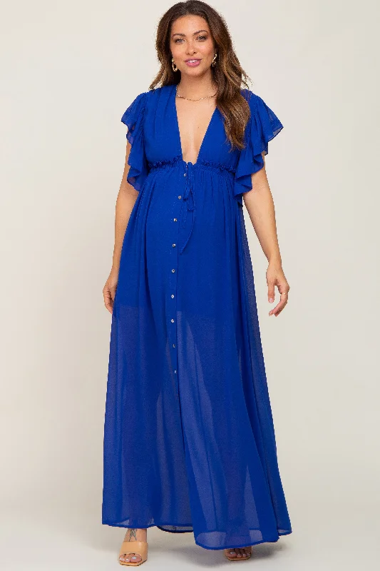 Royal Blue Flounce Button Front Maternity Maxi Dress Stylish Pleated A-Line Maxi Dress