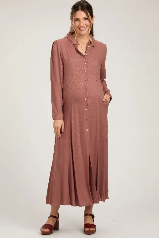 Rust Collared Button Down Long Sleeve Maternity Maxi Dress Classic Solid Maxi Dress