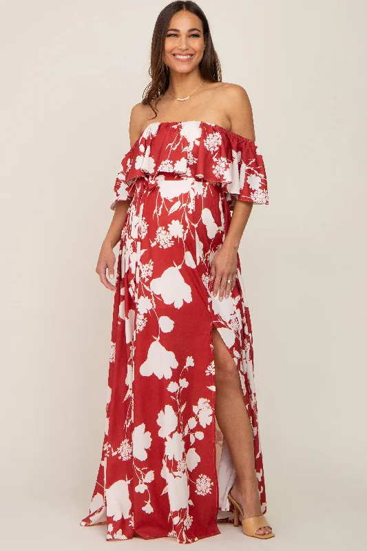 Rust Floral Overlay Off-Shoulder Side Slit Maternity Maxi Dress Trendy Satin Maxi Dress