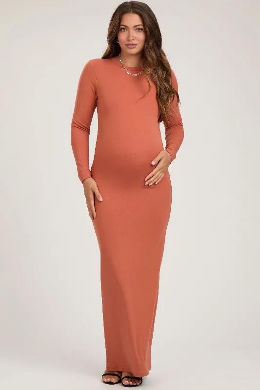 Rust Long Sleeve Fitted Maternity Maxi Dress Chic Sleeveless Maxi Dress