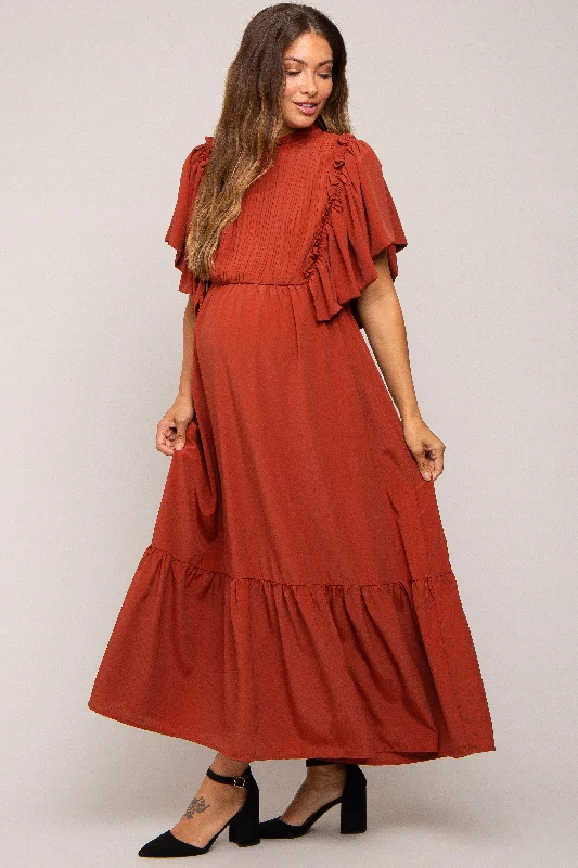 Rust Ruffle Pleated Maternity Maxi Dress Comfortable Bohemian Maxi Dress