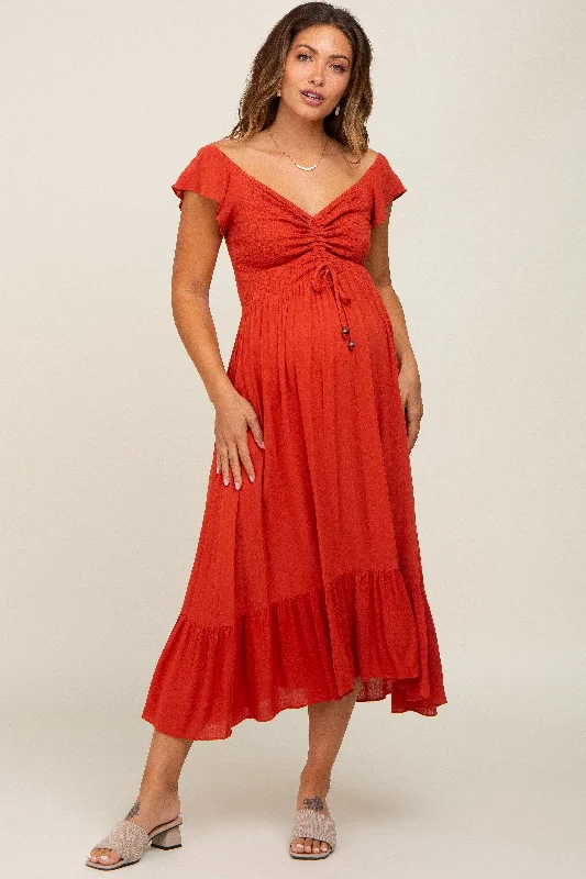 Rust Smocked Ruched Ruffle Hem Maternity Maxi Dress Elegant Floral Maxi Dress