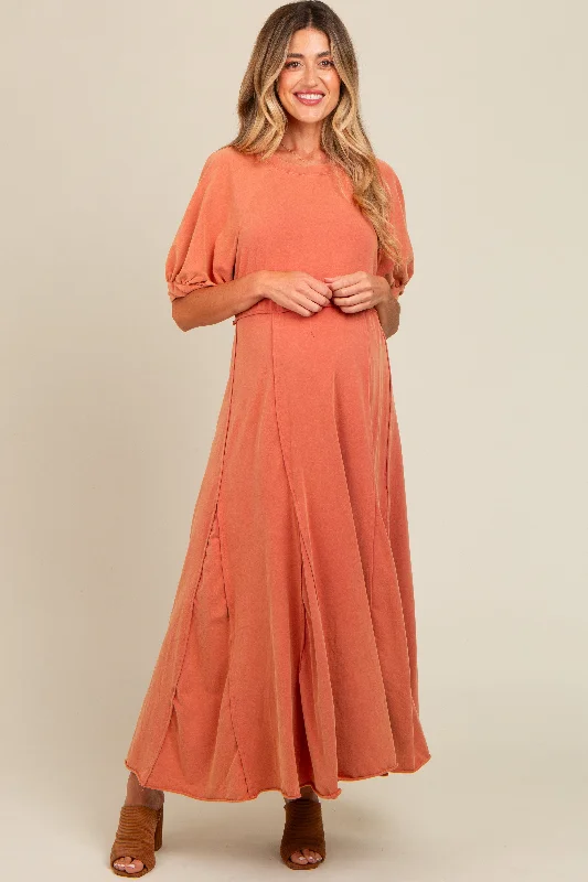 Rust Vintage Wash Puff Sleeve Maternity Maxi Dress Elegant Floral Maxi Dress