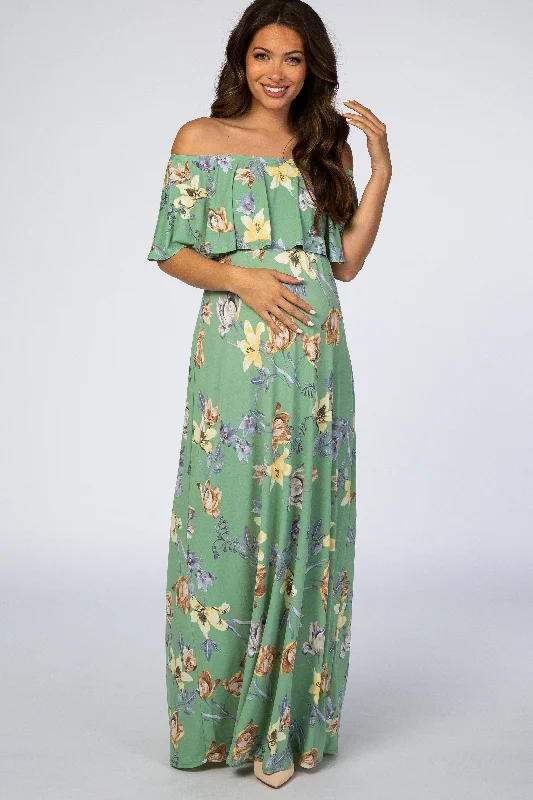 Sage Floral Off Shoulder Maternity Maxi Dress Comfortable Pleated Maxi Dress