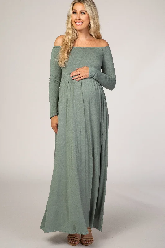 Sage Off Shoulder Long Sleeve Maternity Maxi Dress Elegant Boho Maxi Dress