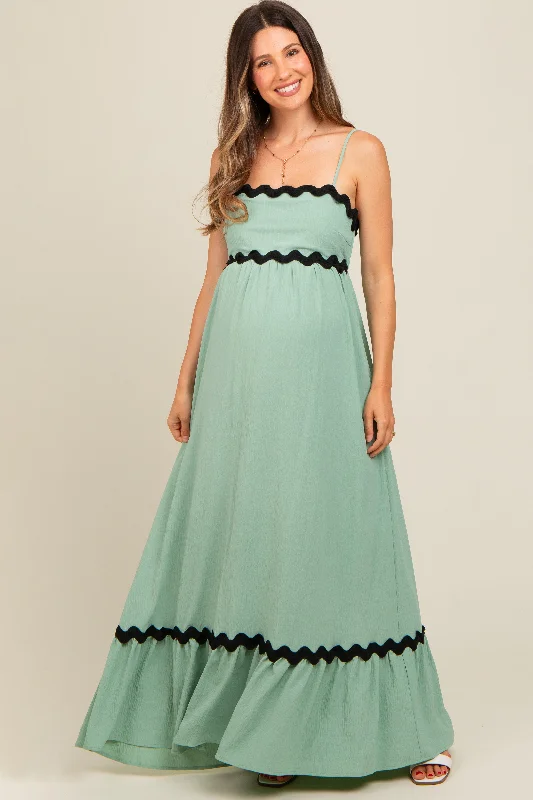 Sage Sleeveless ZigZag Accent Maternity Maxi Dress Trendy Fit-and-Flare Maxi Dress