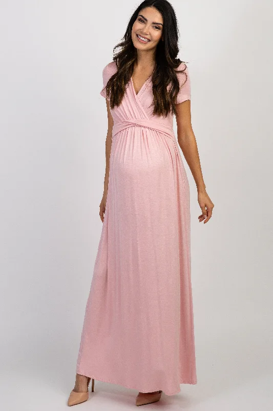 Tall Pink Draped Maternity/Nursing Maxi Dress Fashionable Chiffon Maxi Dress