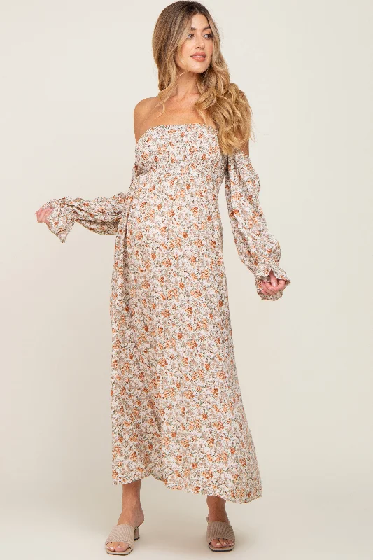 Taupe Floral Off Shoulder Long Sleeve Maternity Maxi Dress Stylish Boho Chic Maxi Dress