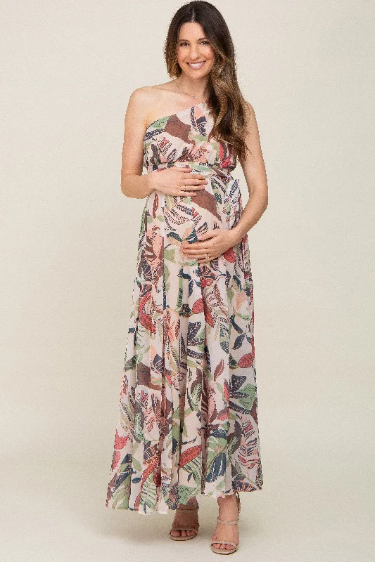 Taupe Leaf Print Chiffon One Shoulder A-Line Waist Tie Maternity Maxi Dress Classic V-Neck Maxi Dress