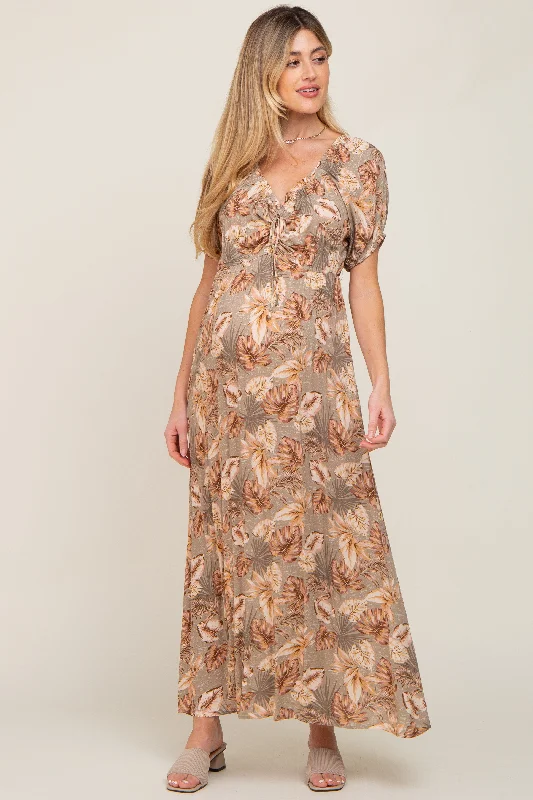 Taupe Leaf Print Cinched Accent Maternity Maxi Dress Trendy Maxi Dress with Bow