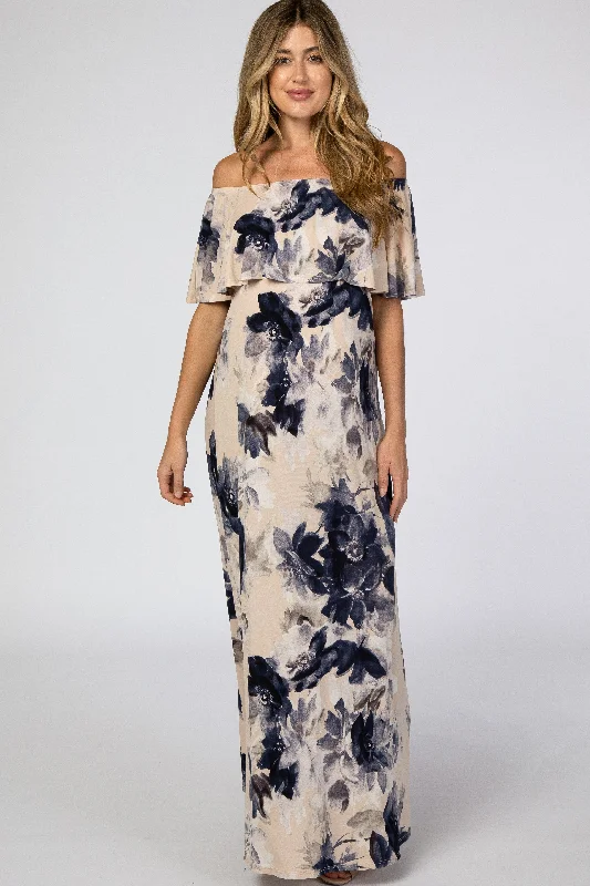 Taupe Navy Floral Off Shoulder Maternity Maxi Dress Fashionable Sleeveless Maxi Dress