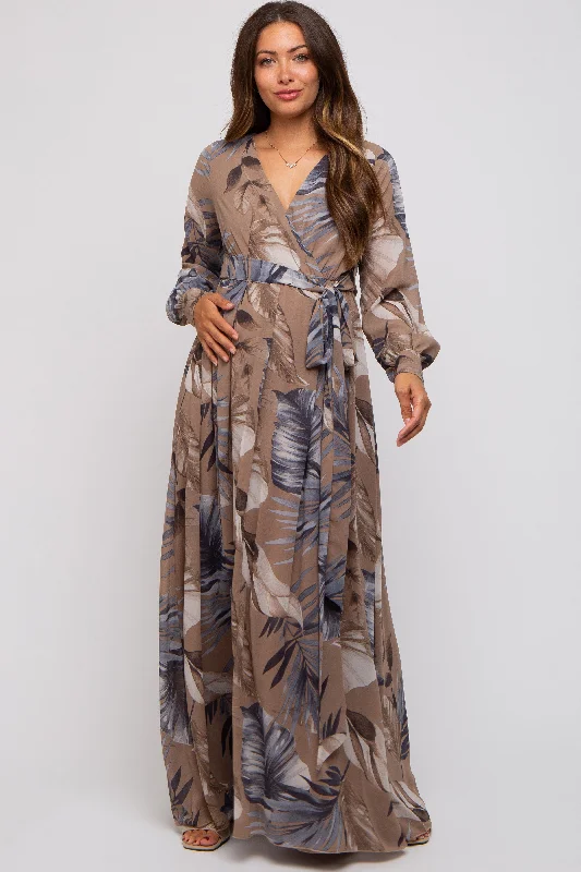 Taupe Palm Print Chiffon Wrap Front V-Neck Long Sleeve Maternity Maxi Dress Elegant Floral Maxi Dress