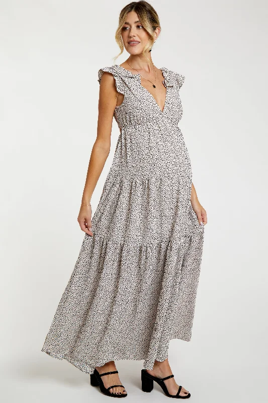 Taupe Printed Tiered Cutout Back Maternity Maxi Dress Comfortable Long-Sleeve Maxi Dress