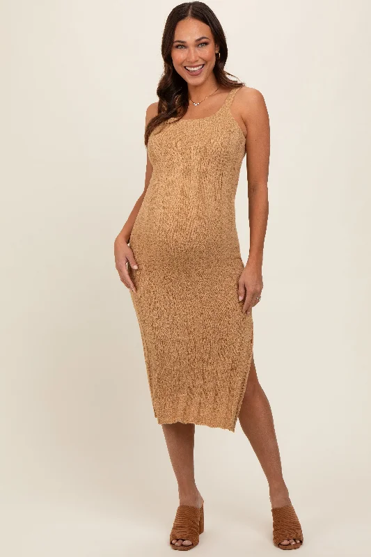 Taupe Rib Knit Side Slit Maternity Maxi Dress Fashionable High-Low Maxi Dress