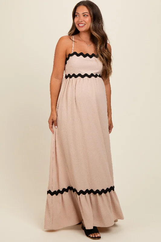 Taupe Sleeveless ZigZag Accent Maternity Maxi Dress Trendy Fit-and-Flare Maxi Dress