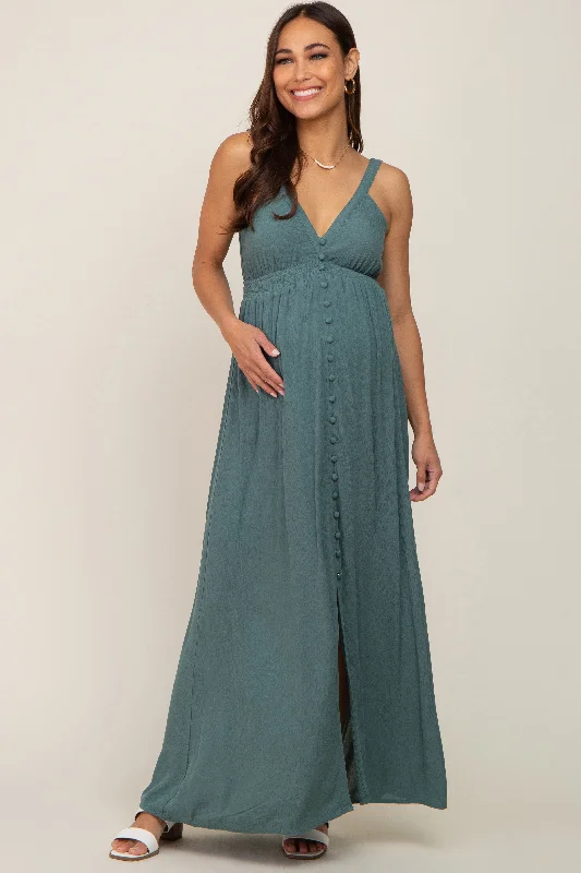 Teal Button Front Accent Maternity Maxi Dress Fashionable Asymmetrical Maxi Dress